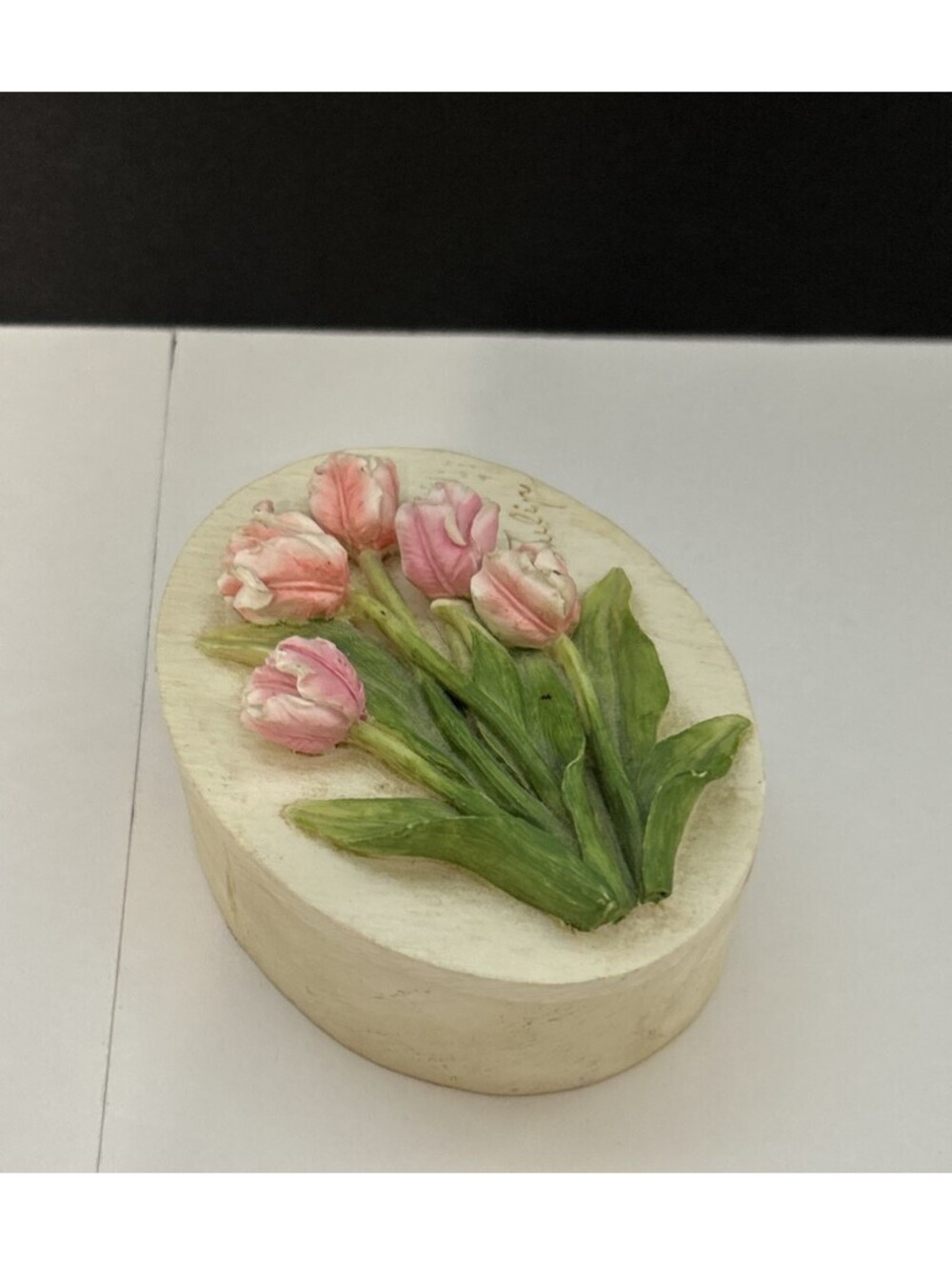 Oval Resin Trinket Box 3D Pink Tulips 5"x3.5"x2.5"